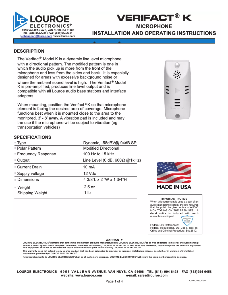 Page 1 de la notice Manuel utilisateur Louroe Electronics Verifact K
