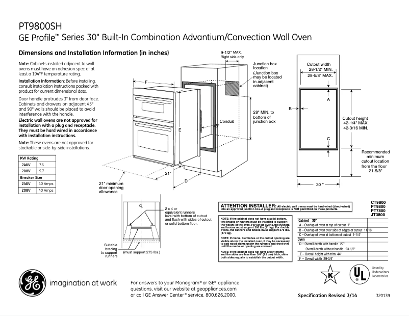 Page 1 de la notice Fiche technique GE Profile PT9800SHSS