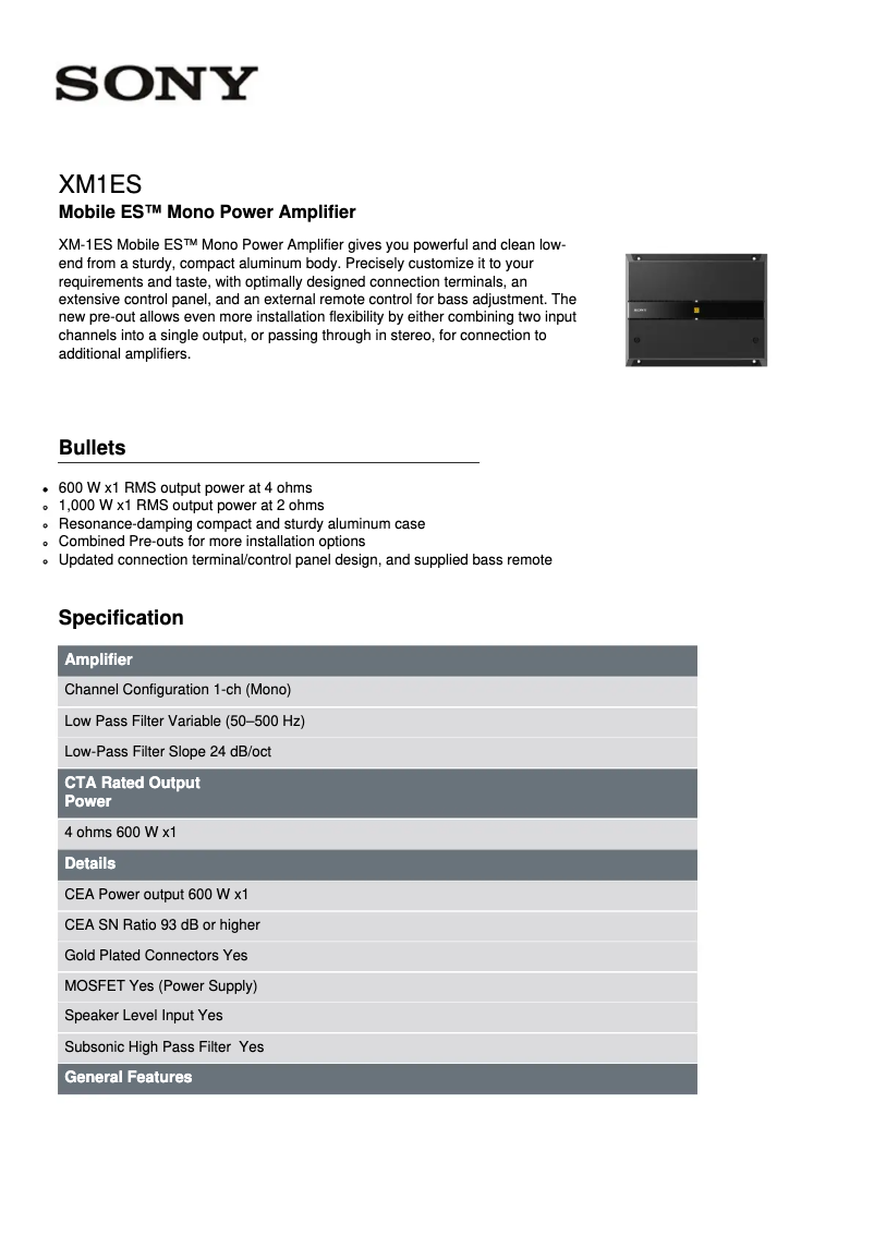 Página 1 del manual Ficha técnica Sony XM-1ES
