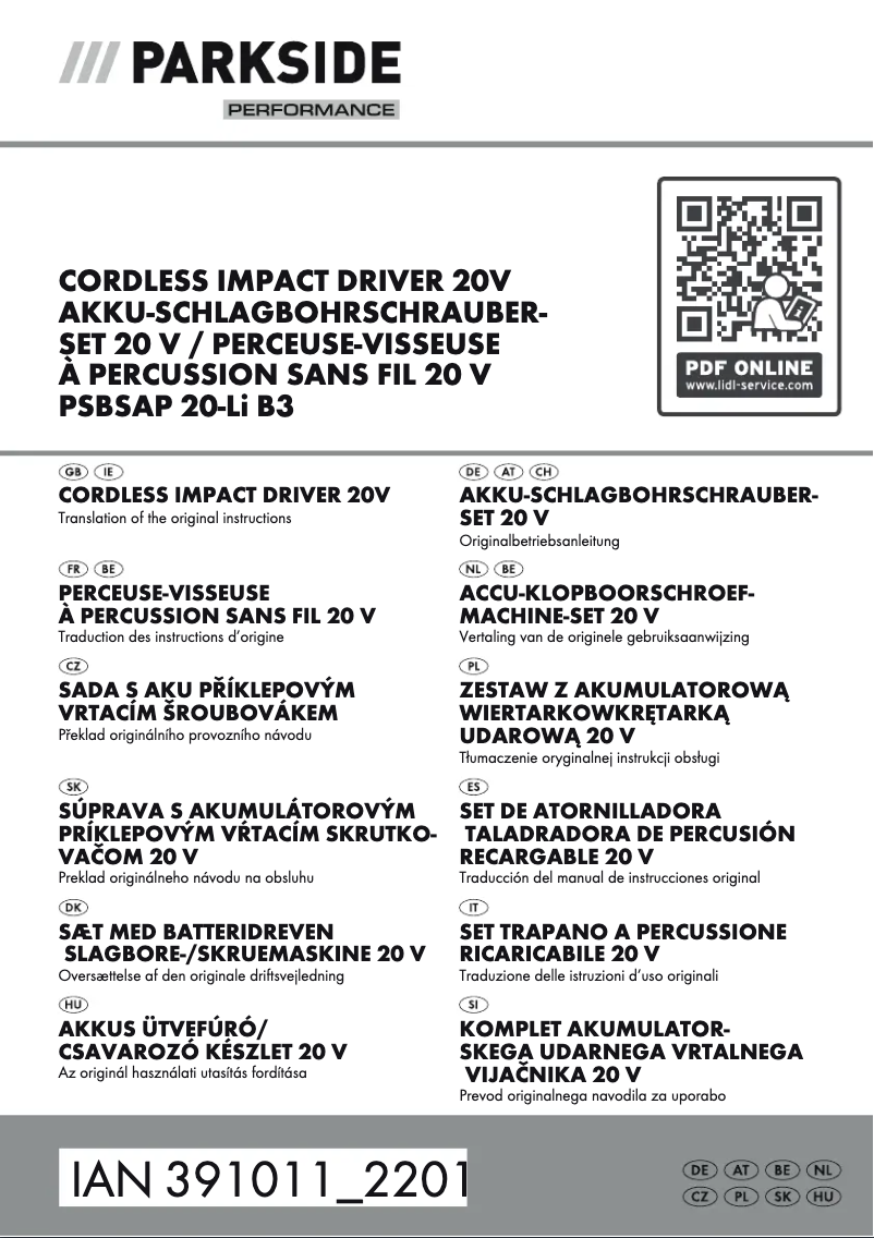 Page n°1 - Manuel utilisateur Parkside PSBSAP 20-Li B3