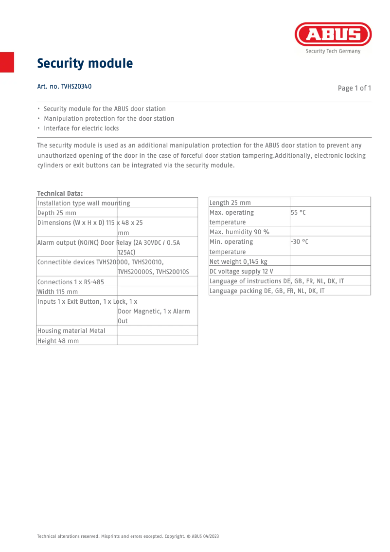 Page n°1 - Fiche technique Abus TVHS20340