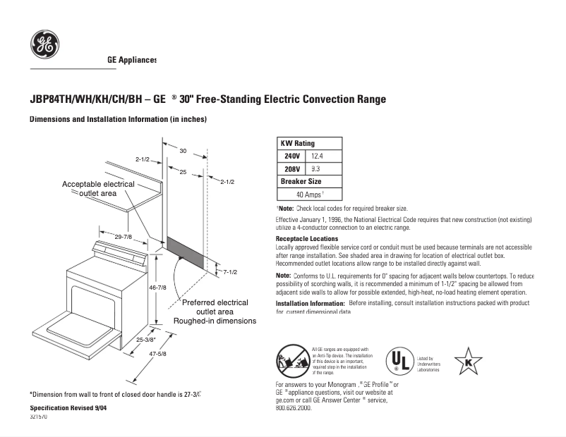 Imagen de la primera página del manual del dispositivo JBP84THWW