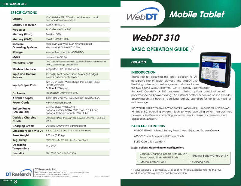 Page n°1 - Manuel utilisateur DT Research WebDT 310