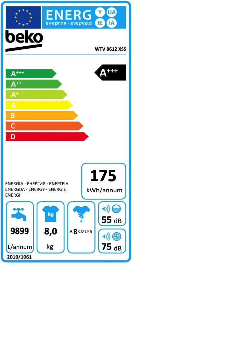 Page 1 de la notice Label énergétique Beko WTV 8612 XSS
