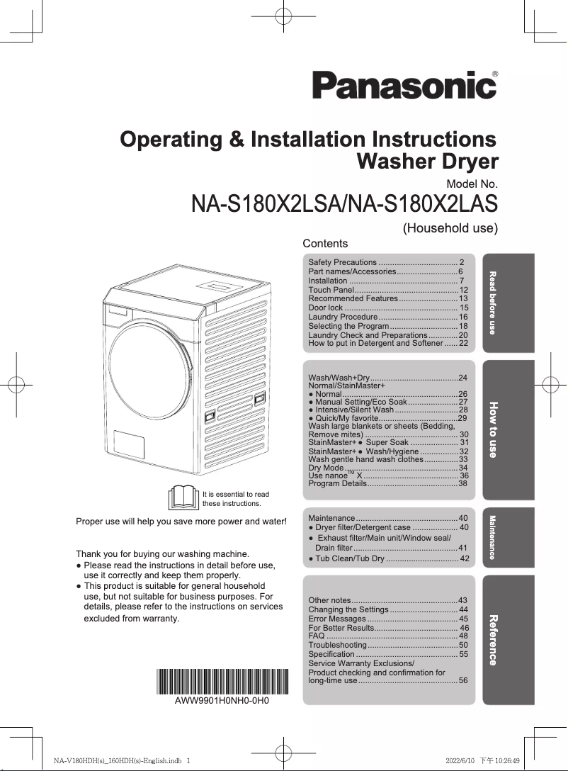 Page n°1 - Manuel utilisateur Panasonic NA-S180X2