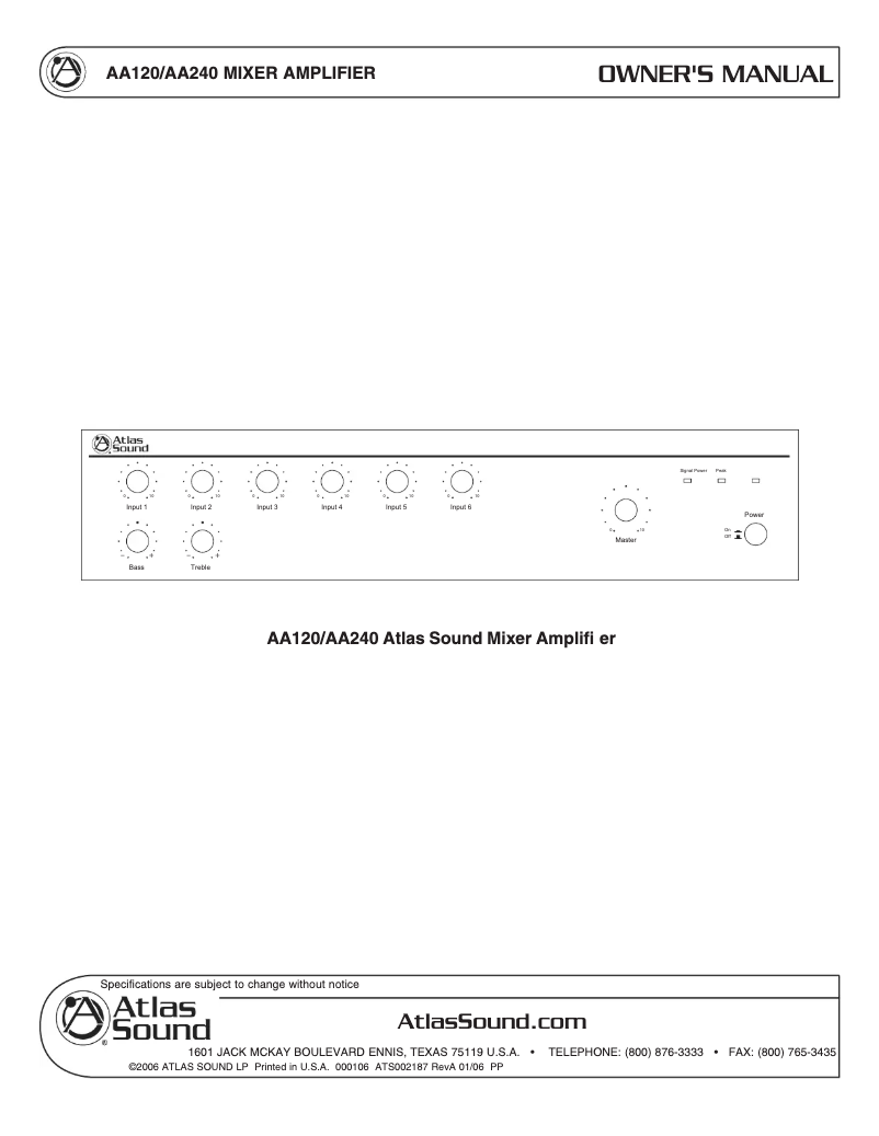 Page 1 de la notice Manuel utilisateur Atlas Sound AA240