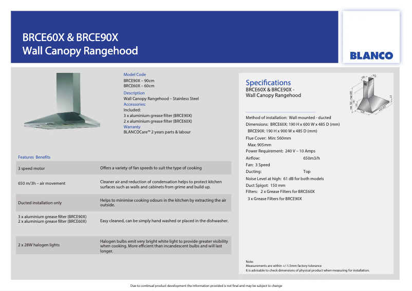 Page 1 de la notice Fiche technique BLANCO BRCE90X