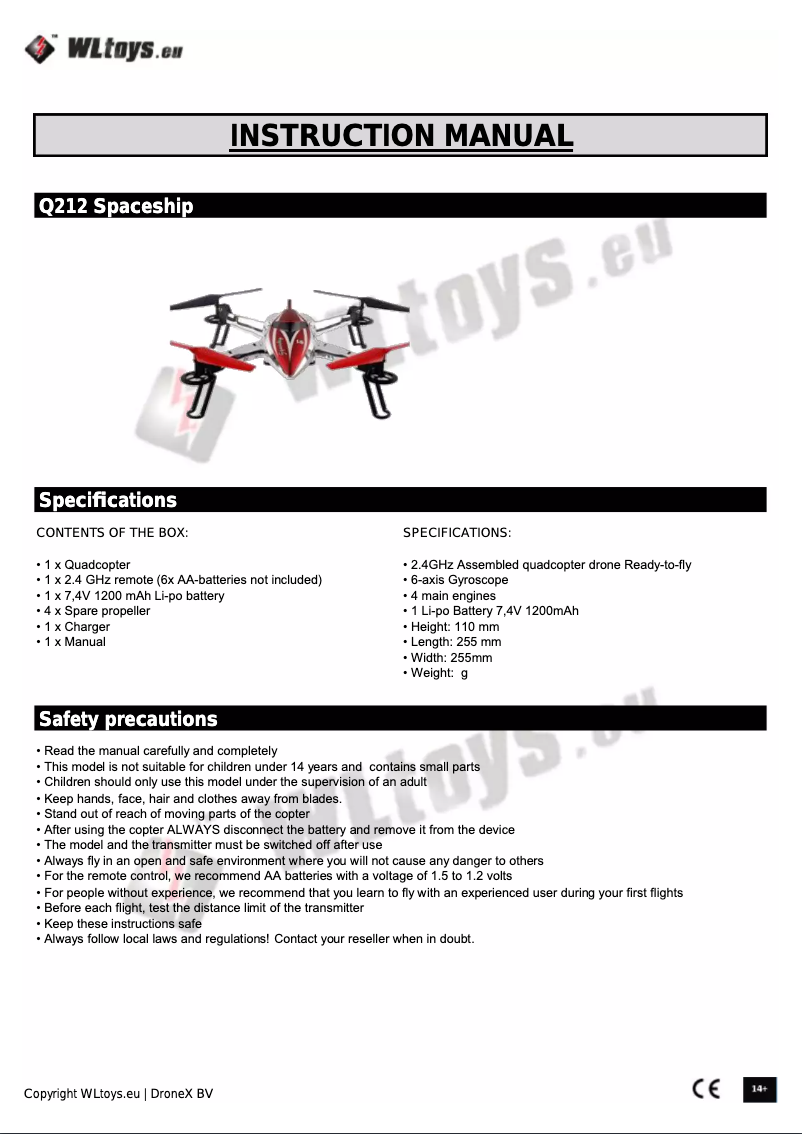 Page 1 de la notice Manuel utilisateur WLtoys Q212 - Spaceship