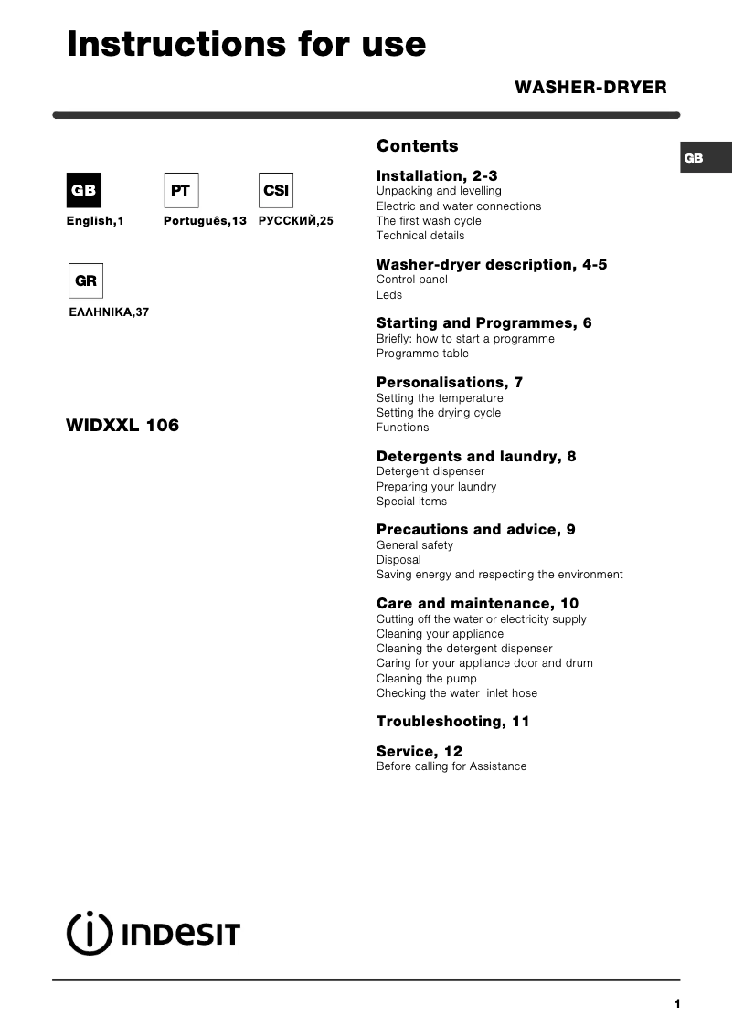 Página 1 del manual Manual de usuario Indesit WIDXXL 106 (EU).C