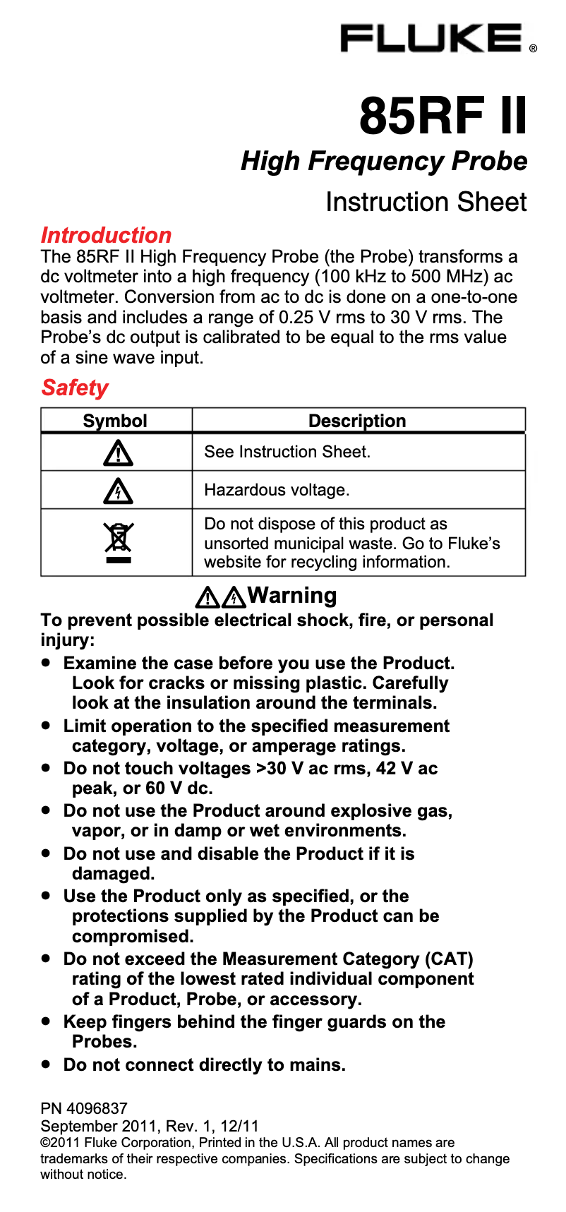 Page 1 de la notice Manuel utilisateur Fluke 85RF