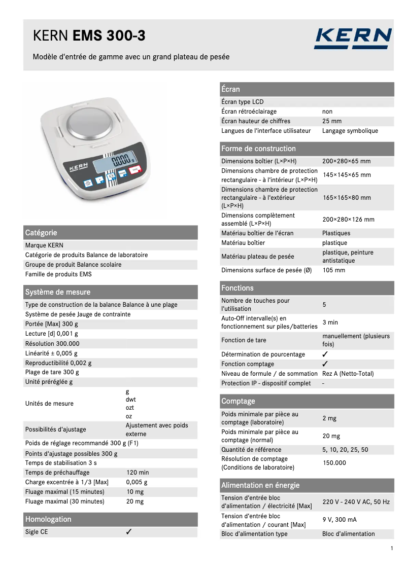 Page 1 de la notice Fiche technique Kern EMS 300-3