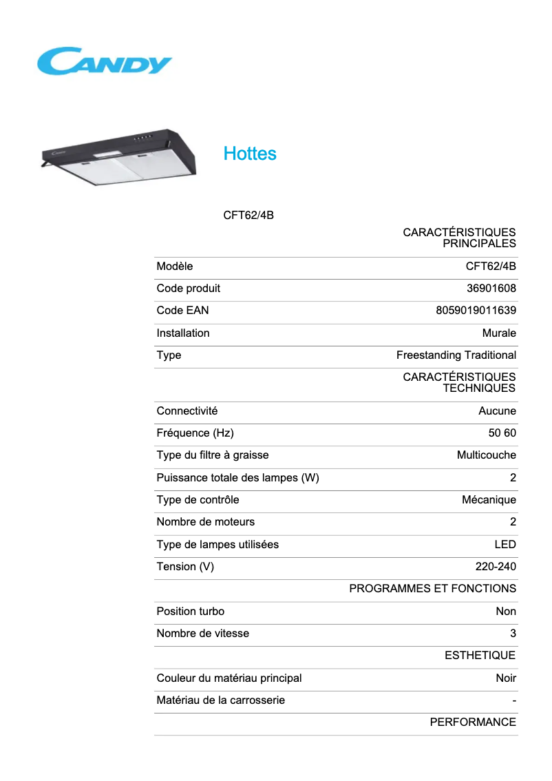 Page 1 de la notice Fiche technique Candy CFT62/4B