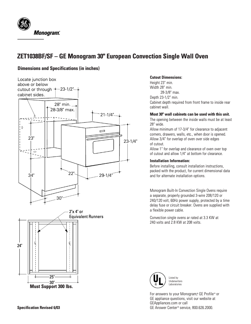 Page n°1 - Fiche technique GE ZET1038BFBB