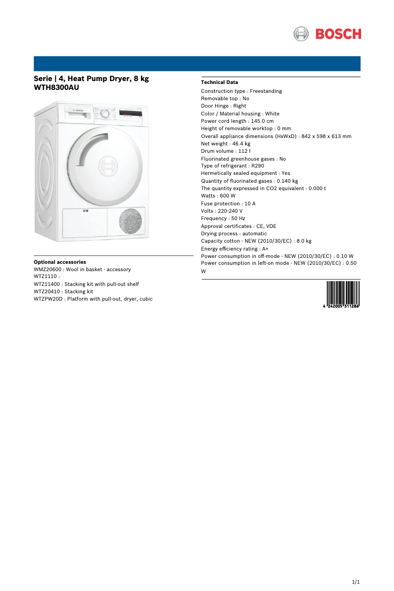 Page 1 de la notice Fiche technique Bosch WTH8300AU