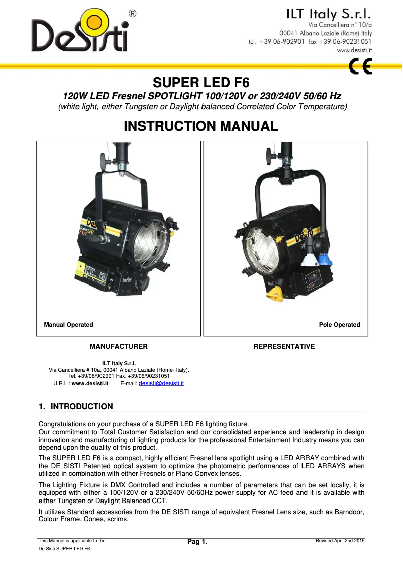 Page 1 de la notice Manuel utilisateur DeSisti Super LED F6