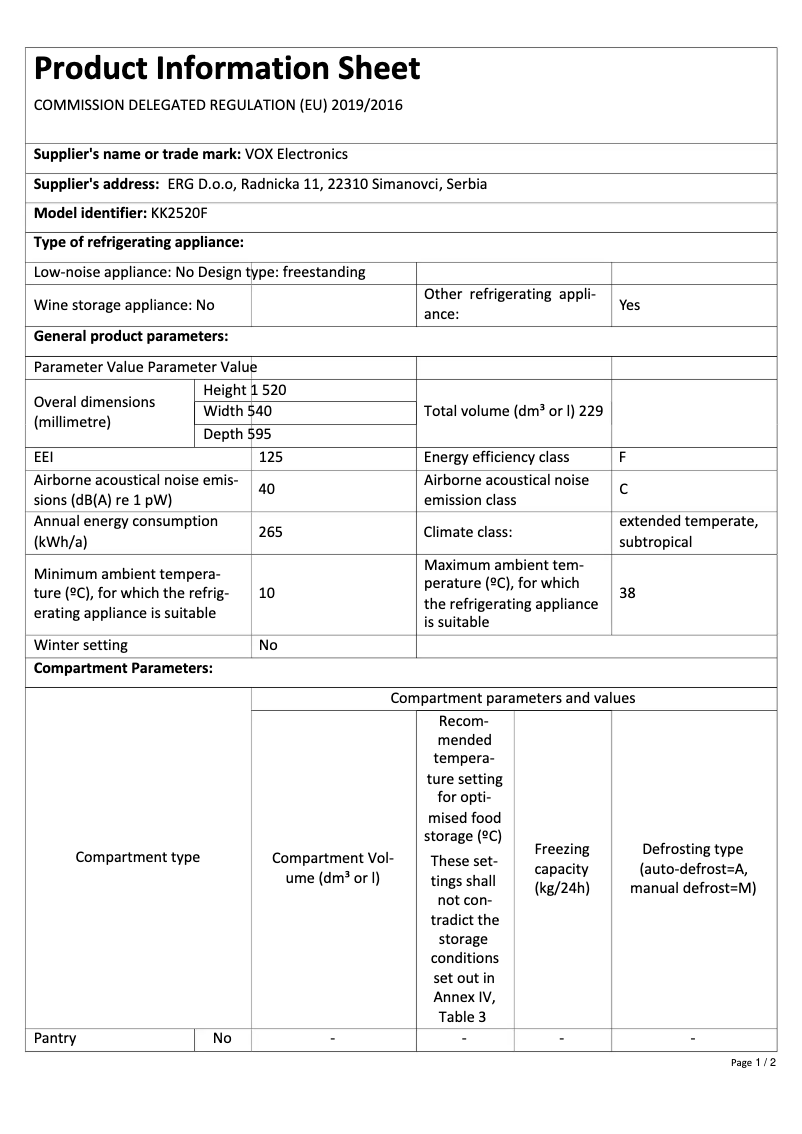 Page 1 de la notice Fiche technique VOX KK 2520 F