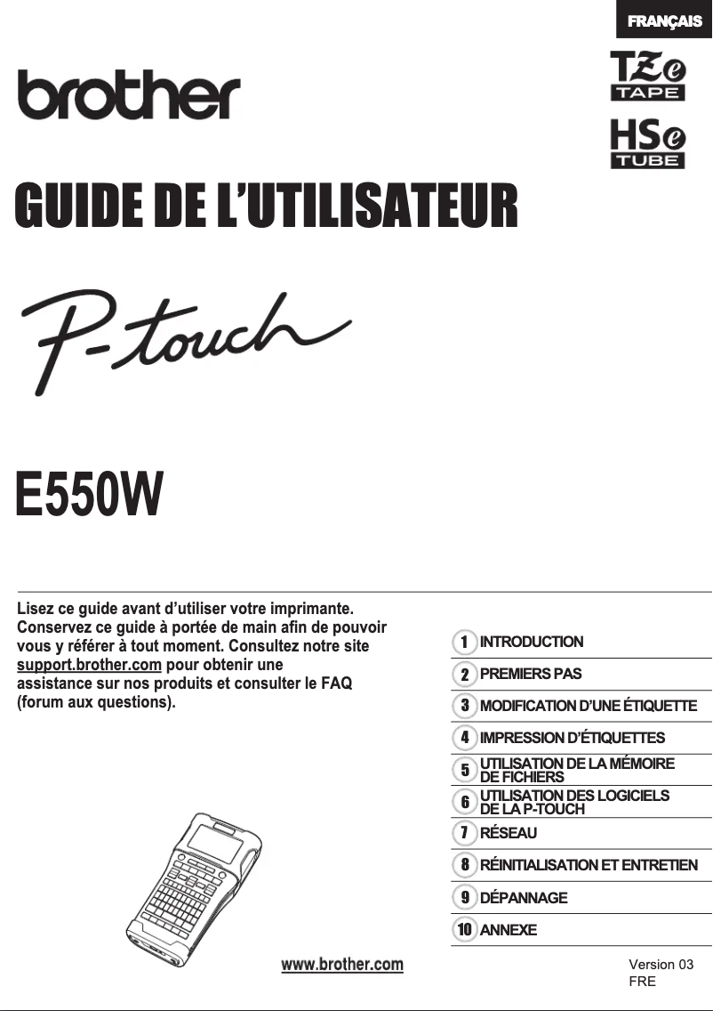 Page n°1 - Manuel utilisateur Brother P-Touch PT-E550W
