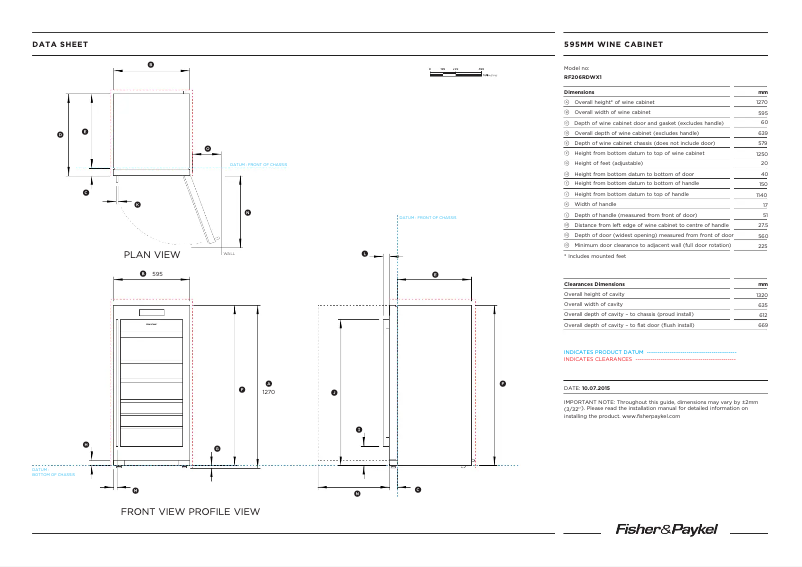 Page 1 de la notice Fiche technique Fisher & Paykel RF206RDWX1