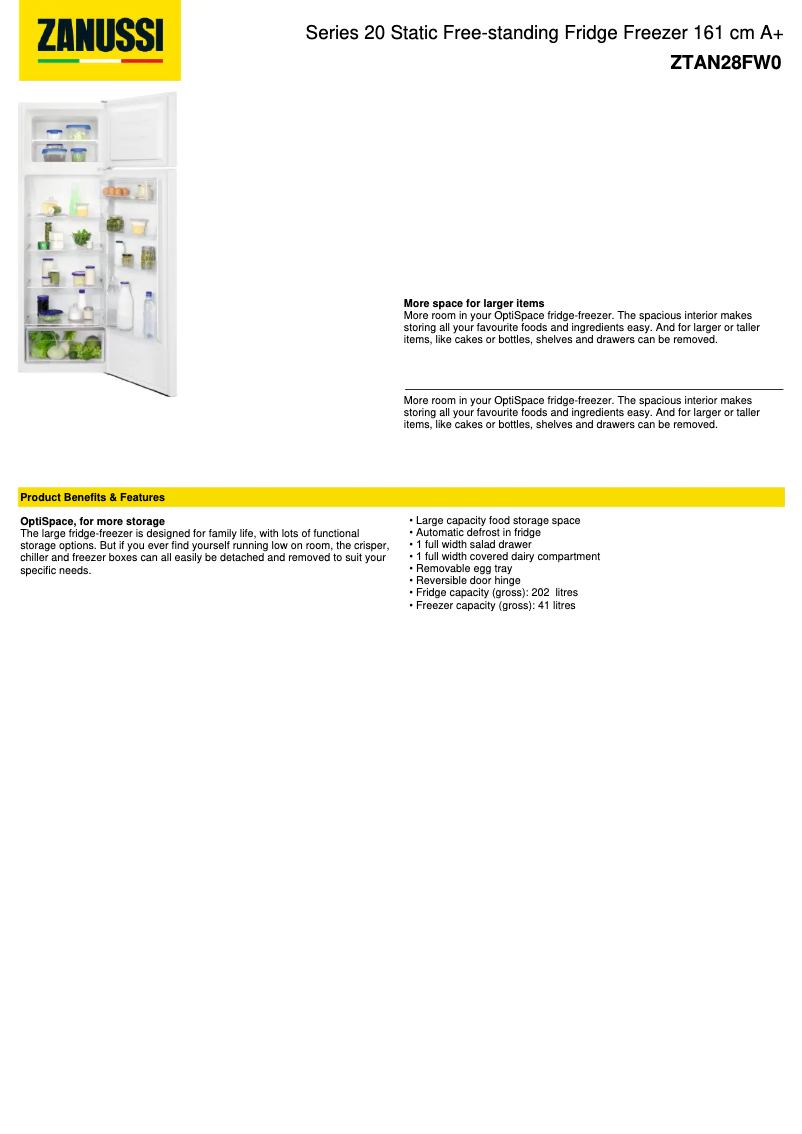 Page 1 de la notice Fiche technique Zanussi ZTAN28FW0