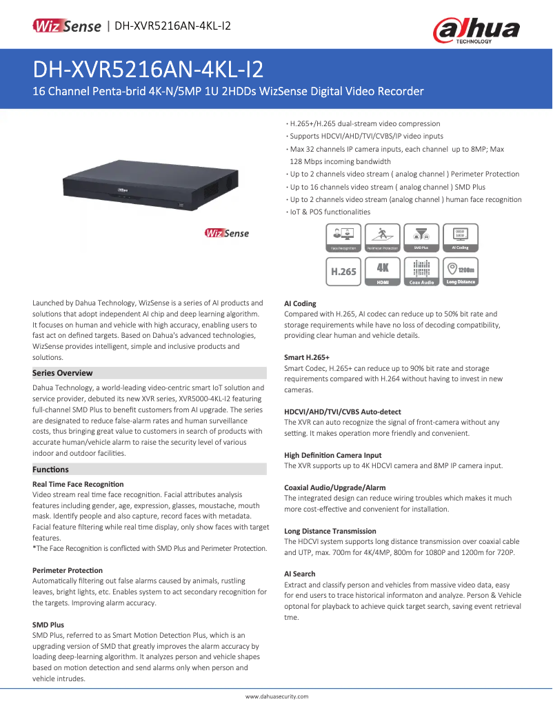 Page n°1 - Fiche technique Dahua Technology XVR5216AN-4KL-I2