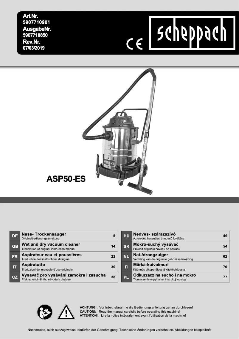 Page 1 de la notice Manuel utilisateur Scheppach ASP50-ES