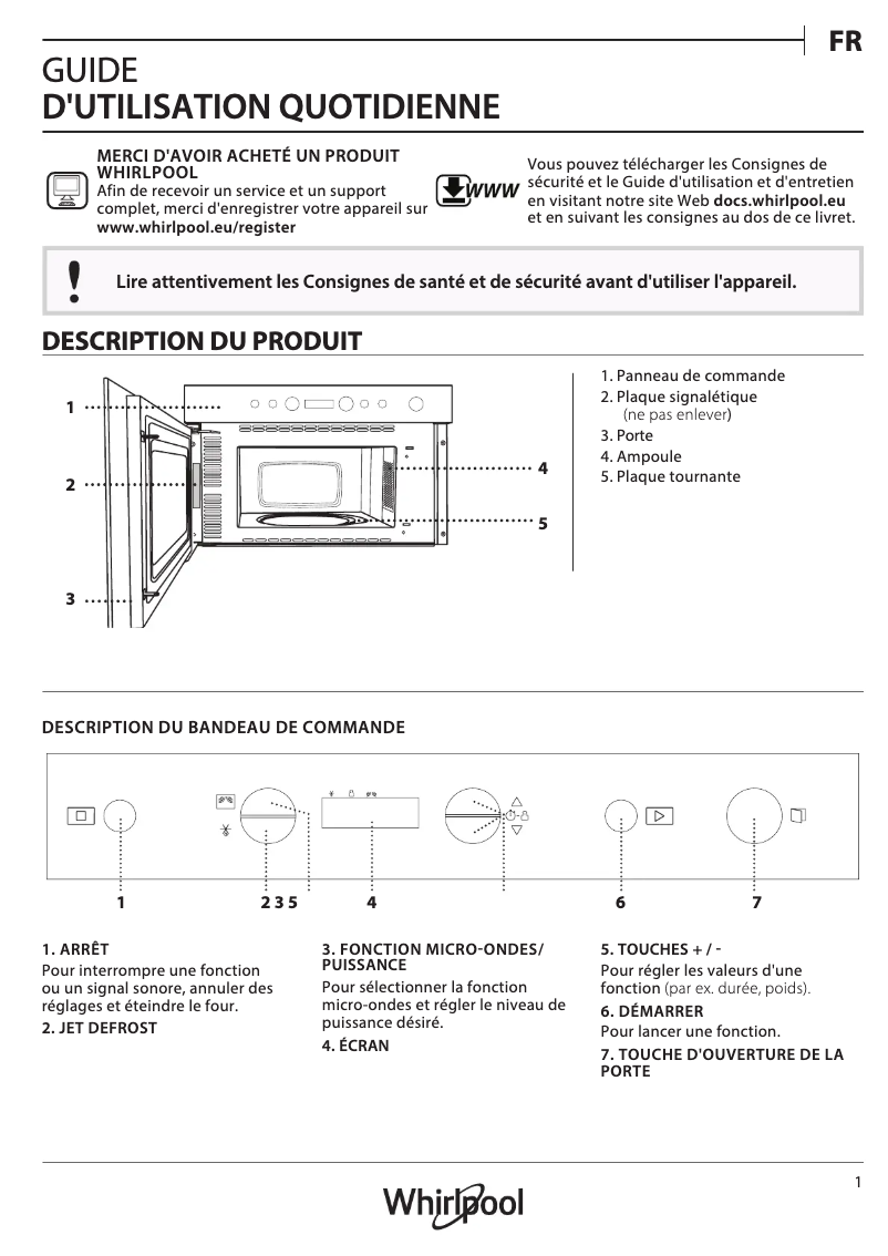 Page 1 de la notice Manuel utilisateur Whirlpool W7 MN810