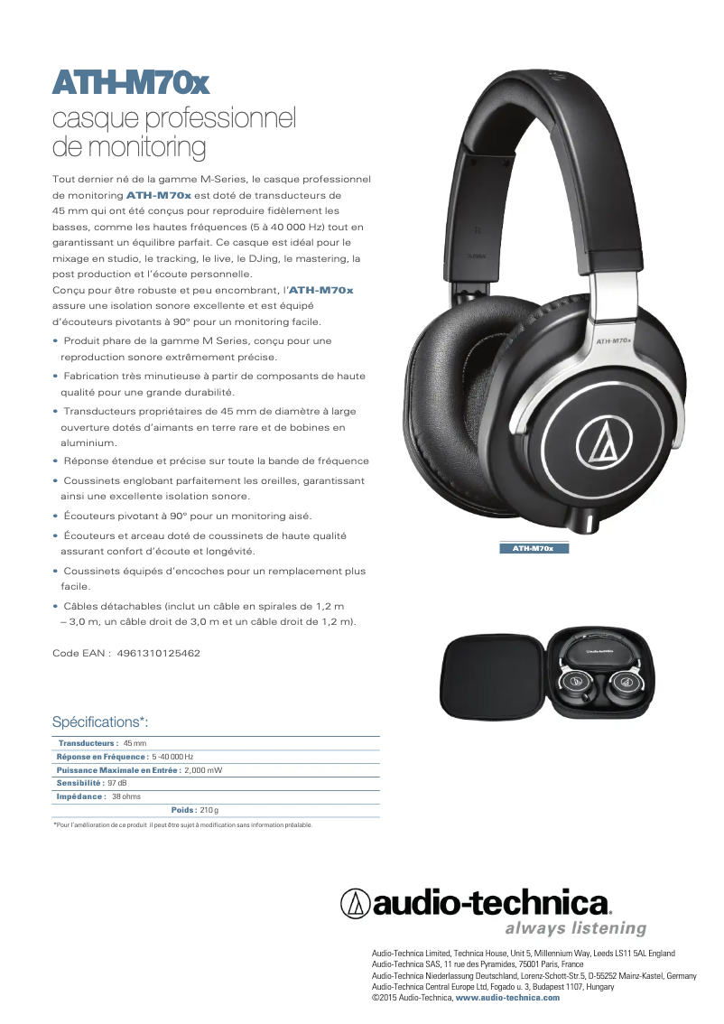 Image de la première page du manuel de l'appareil ATH-M70x