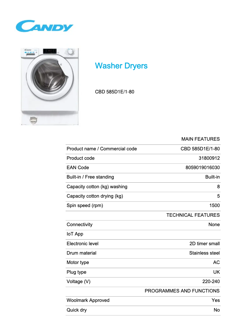Page 1 de la notice Fiche technique Candy CBD 585D1E/1-80