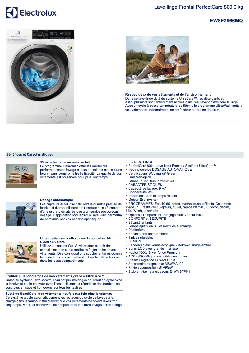 Page 1 de la notice Fiche technique Electrolux EW8F2966MQ