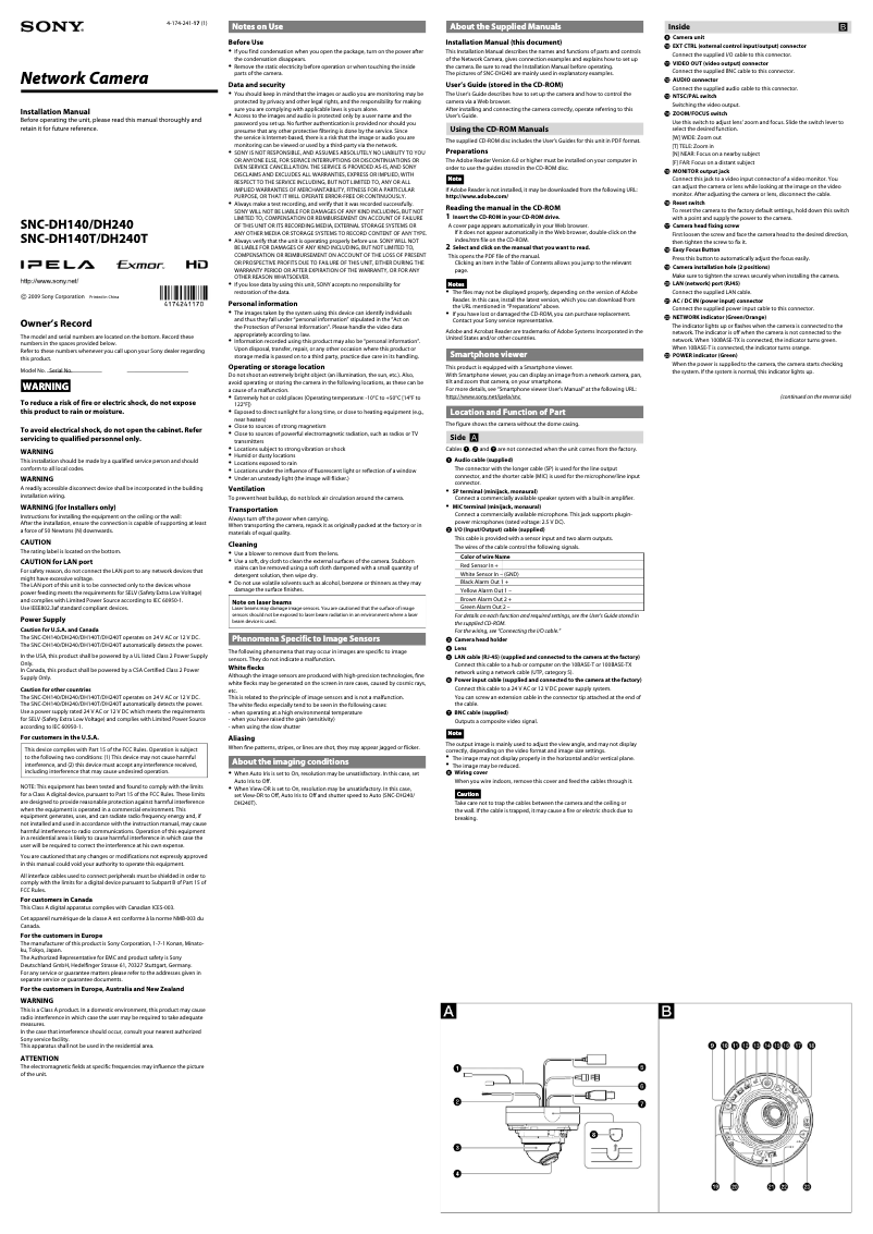 Page 1 de la notice Guide d'installation Sony SNC-DH140T