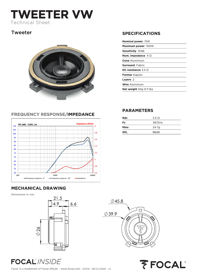 Page 1 de la notice Fiche technique Focal IS VW 180