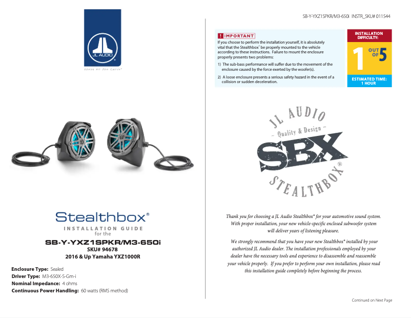 Page 1 de la notice Manuel utilisateur JL Audio Stealthbox SB-Y-YXZ1SPKR/M3-650i