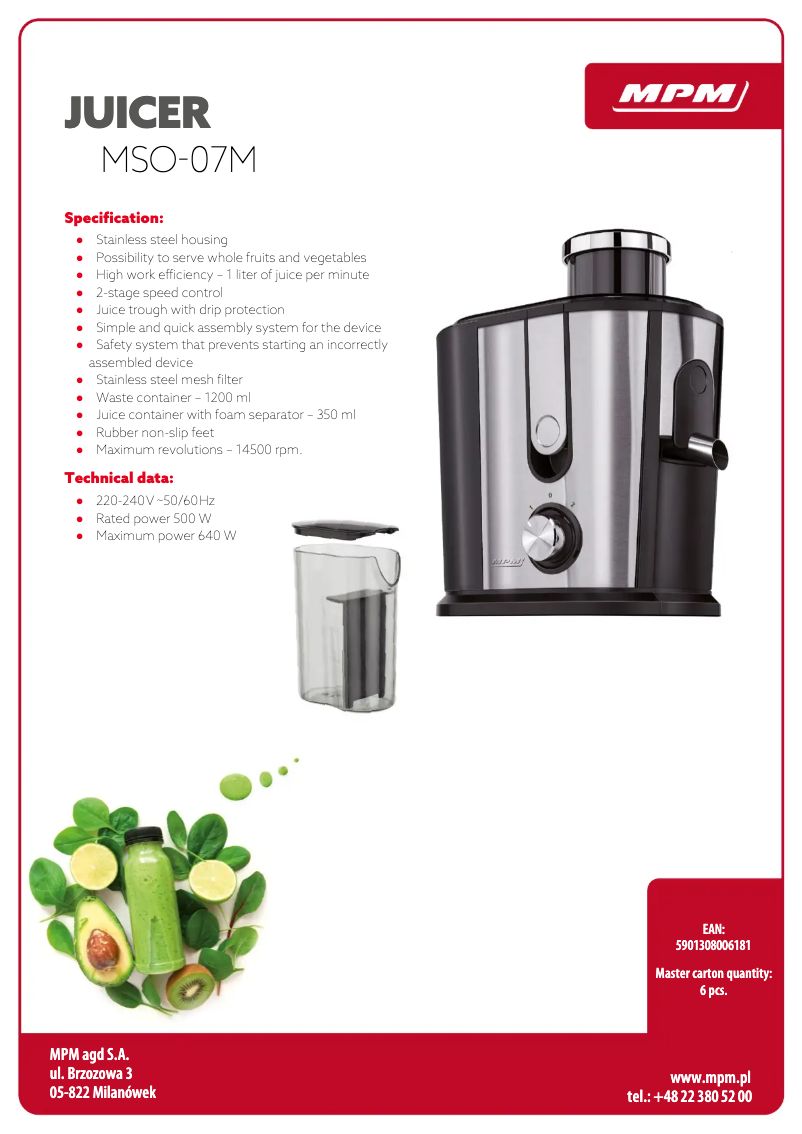 Page 1 de la notice Fiche technique MPM MSO-07M