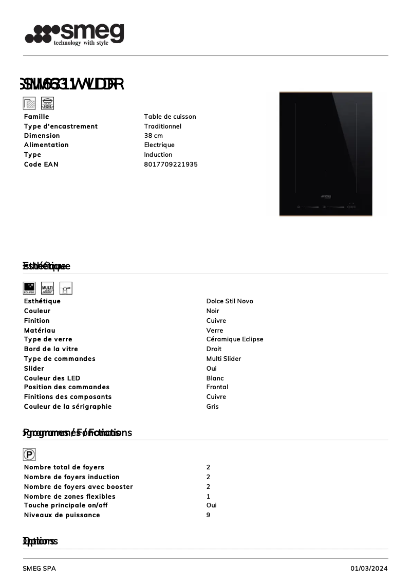 Página 1 del manual Ficha técnica Smeg SIM631WLDR