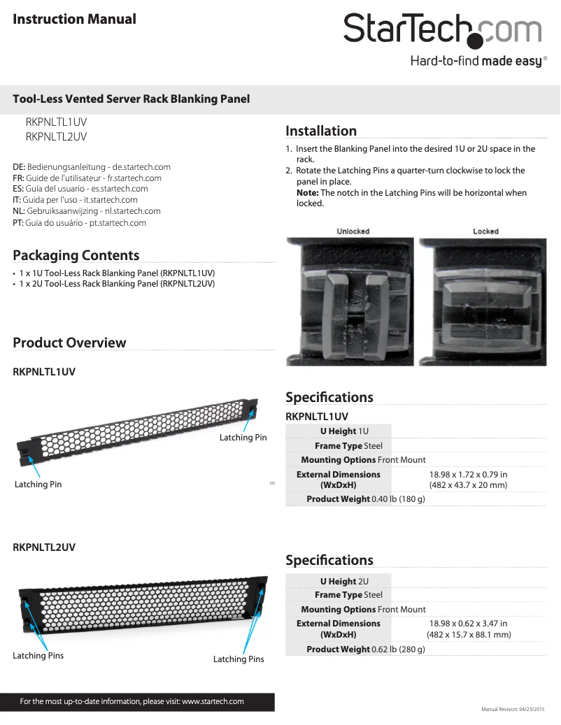 Page 1 de la notice Manuel utilisateur StarTech.com RKPNLTL1UV