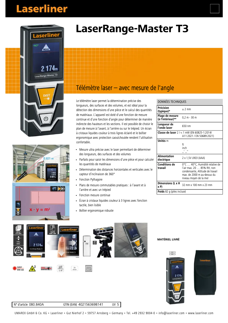 Page 1 de la notice Fiche technique Laserliner LaserRange-Master T3