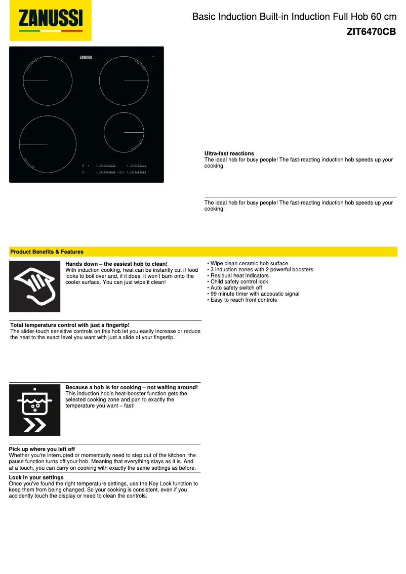 Page 1 de la notice Fiche technique Zanussi ZIT6470CB