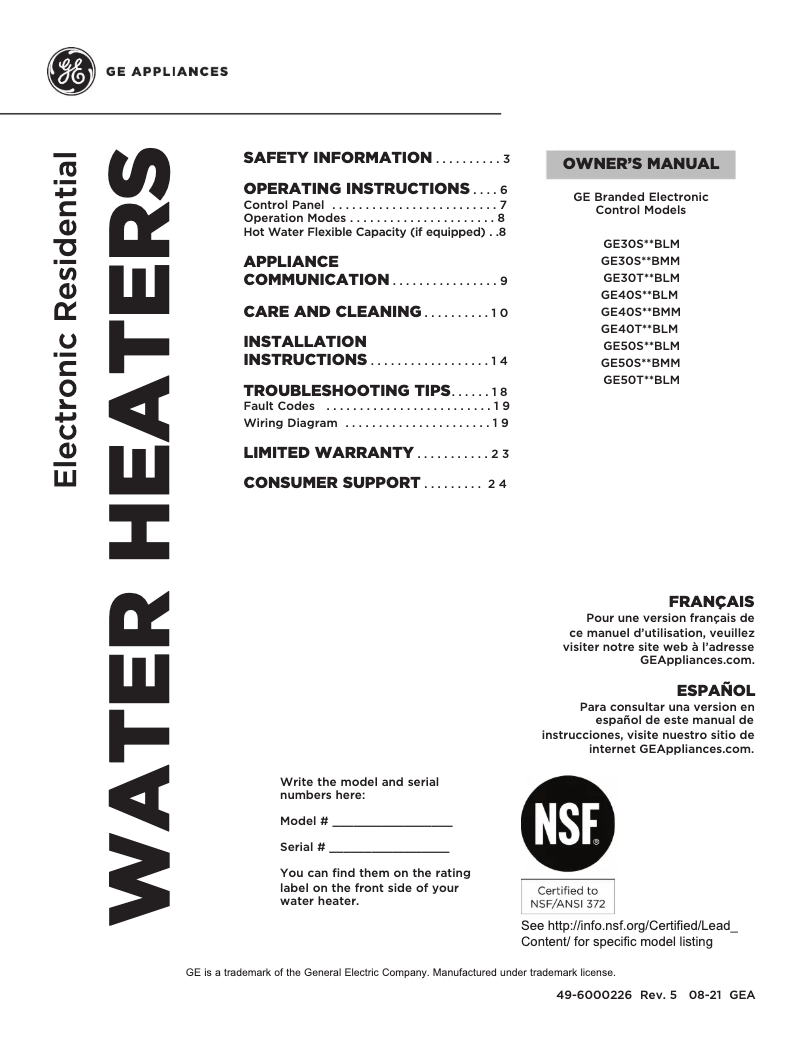 First page image of the manual for GE50S10BLM