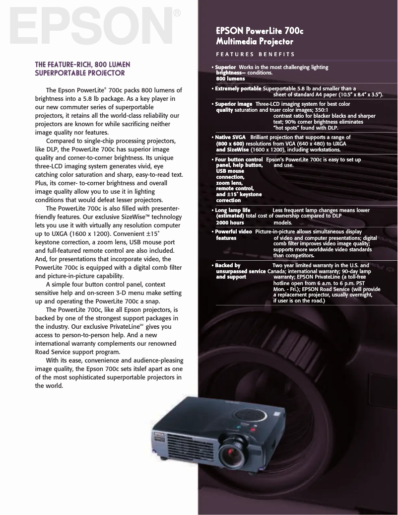 Imagen de la primera página del manual del dispositivo PowerLite 700c