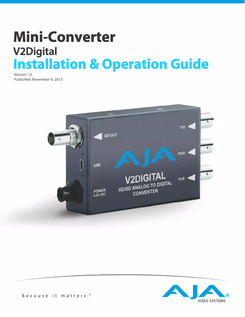 Page 1 de la notice Manuel utilisateur AJA V2Digital