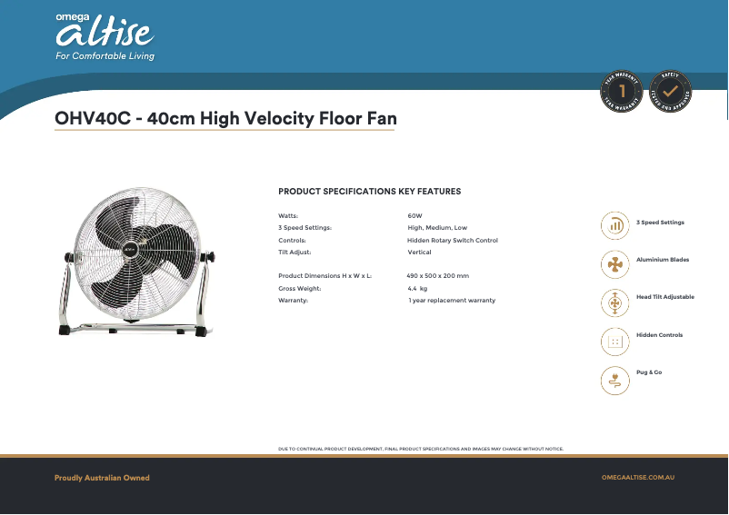 Page 1 de la notice Fiche technique Omega Altise OHV40C