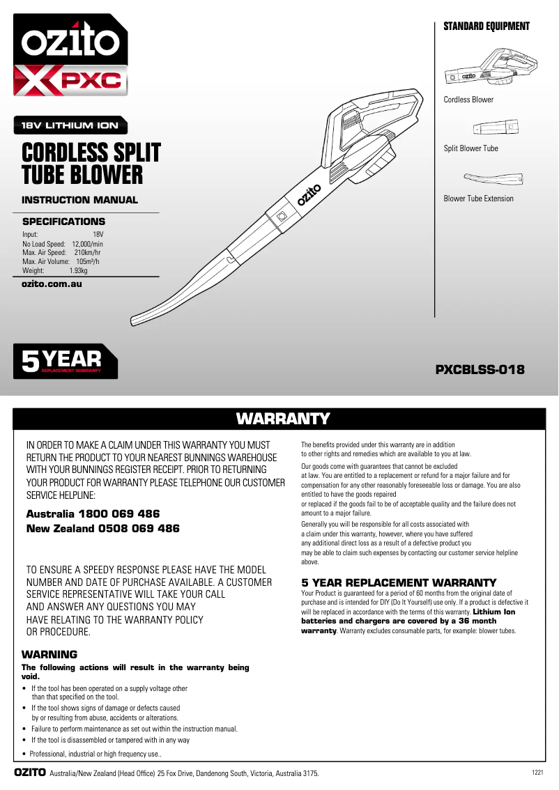 Page 1 de la notice Manuel utilisateur Ozito PXBEK-418