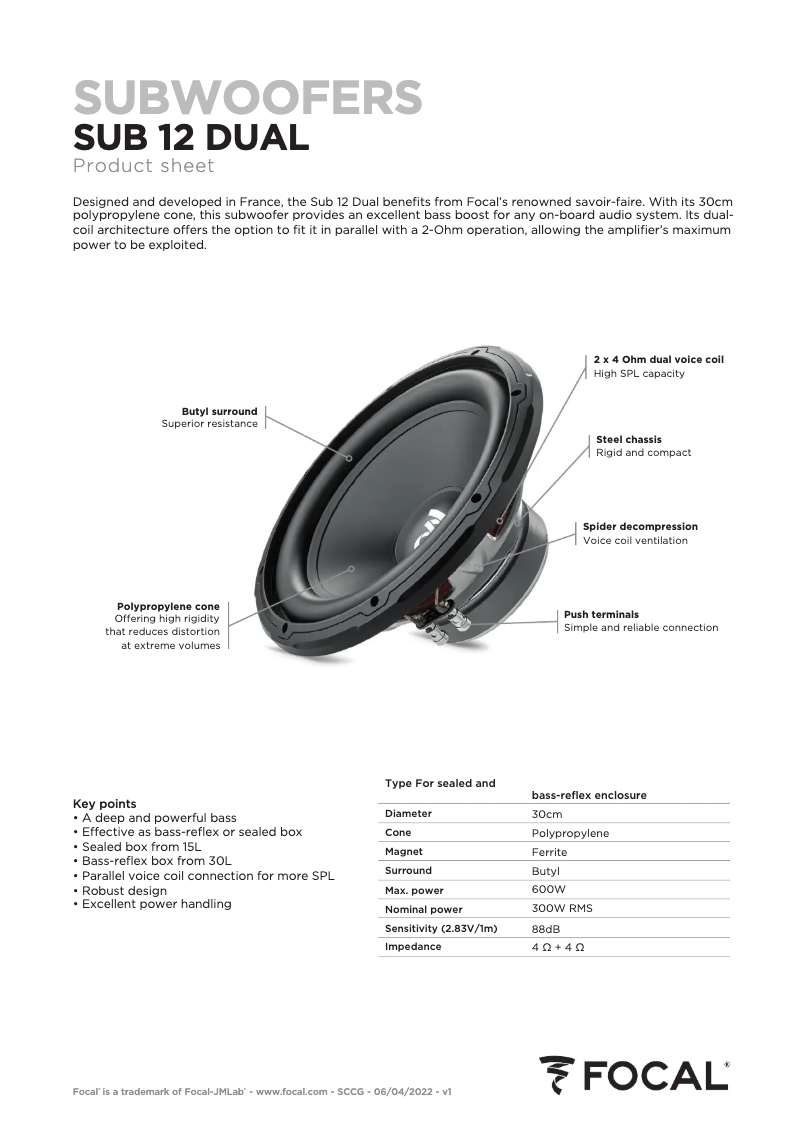 Page 1 de la notice Fiche technique Focal Sub 12 Dual