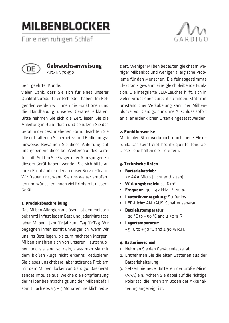 Page 1 de la notice Manuel utilisateur Gardigo 70490