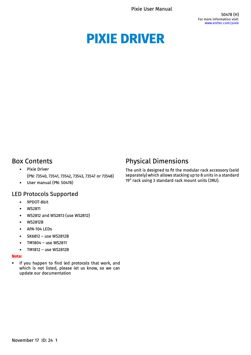 Page n°1 - Manuel utilisateur Enttec Pixie Driver 24V
