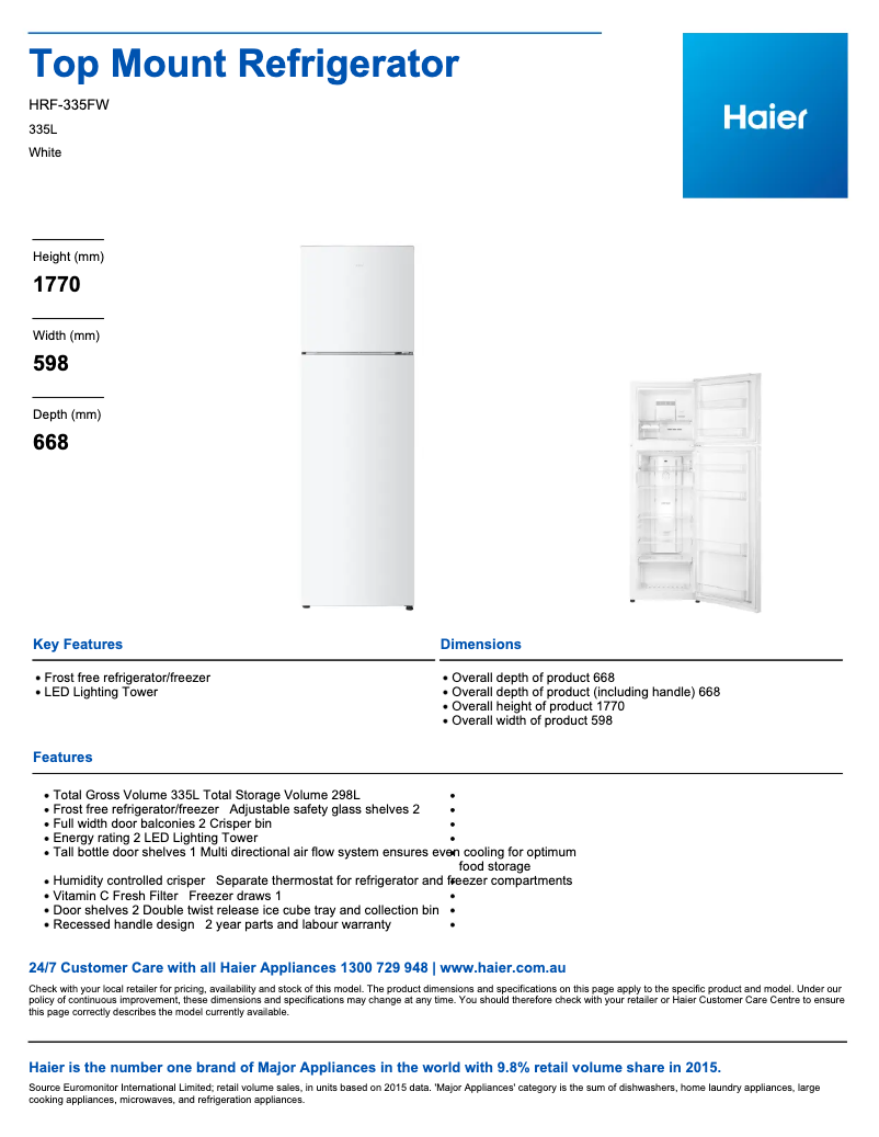 Page 1 de la notice Fiche technique Haier HRF-335FW
