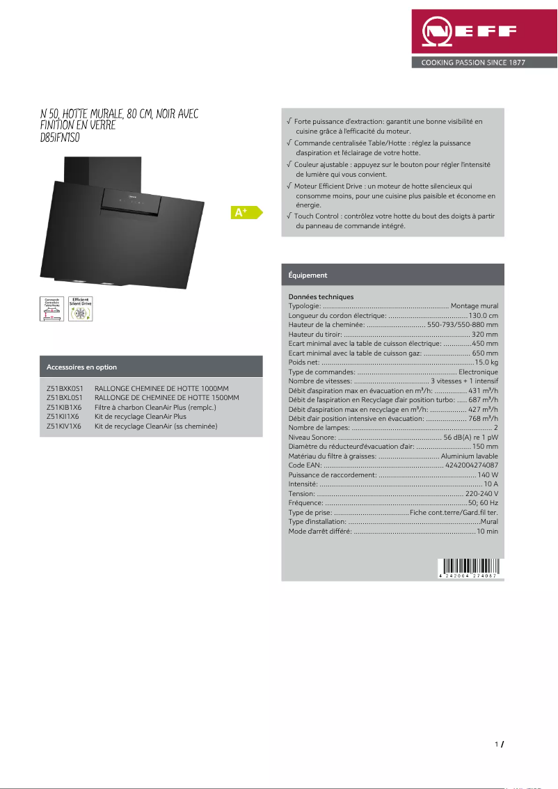 Page 1 de la notice Fiche technique Neff D85IFN1S0