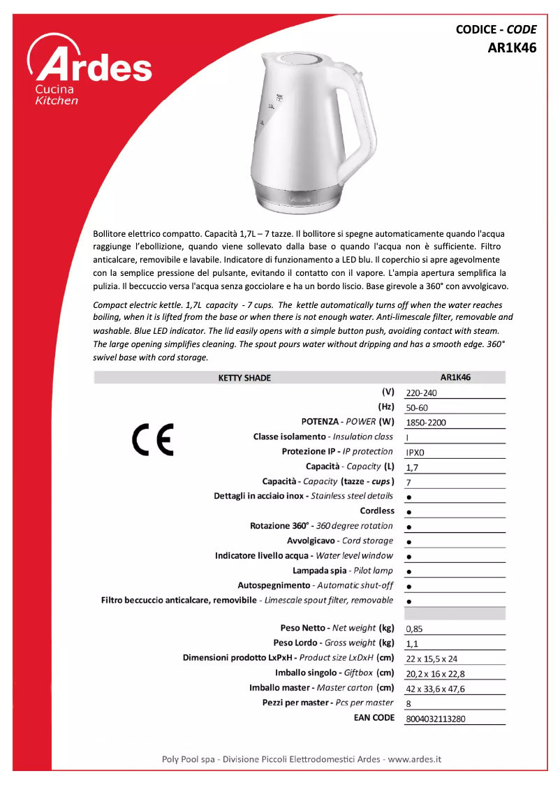Page 1 de la notice Fiche technique Ardes AR1K46