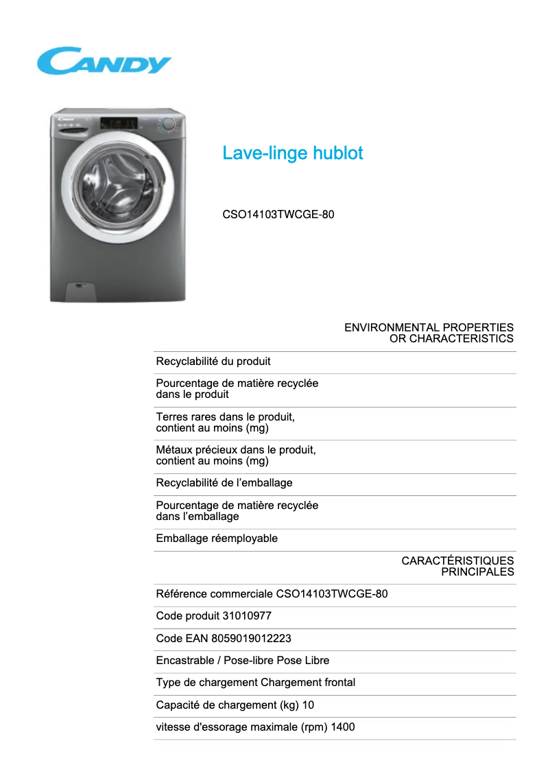 Page 1 de la notice Fiche technique Candy CSO14103TWCGE-80