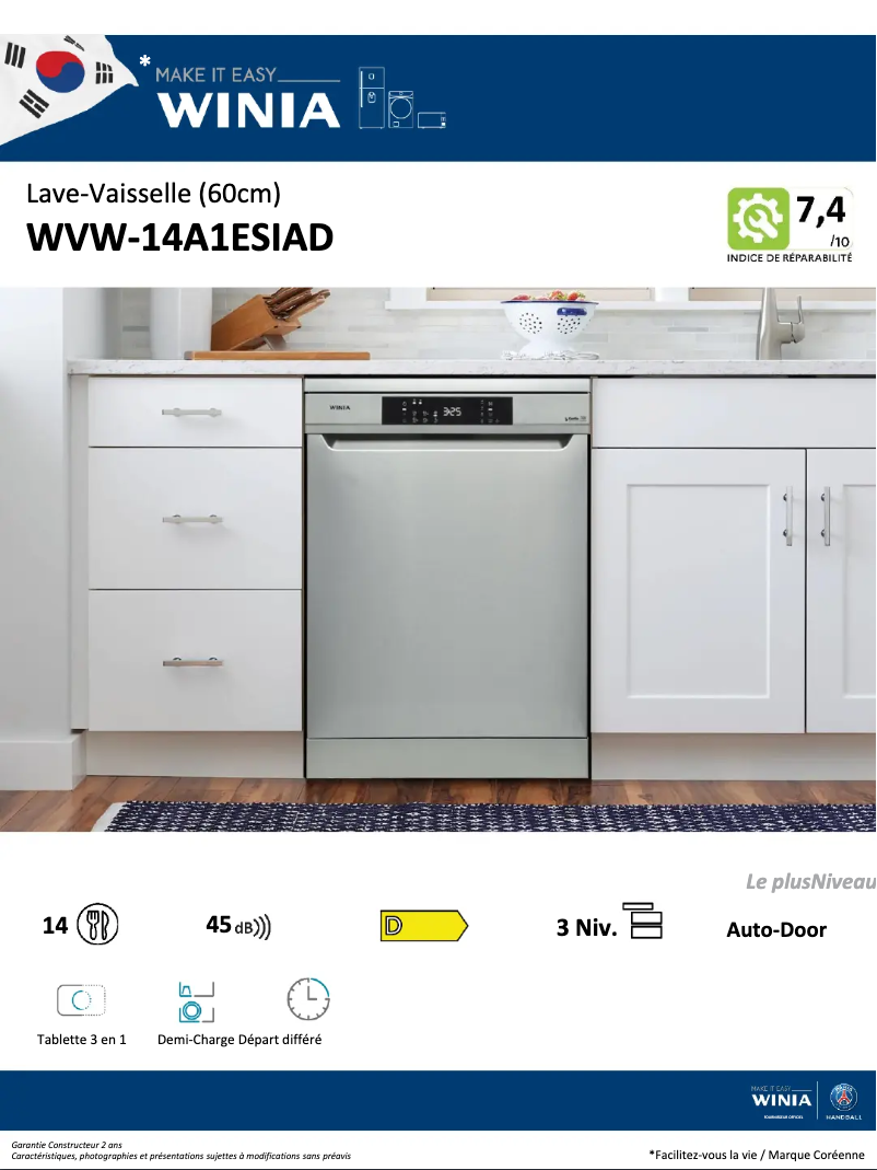 Page 1 de la notice Fiche technique Winia WVW-14A1ESIAD